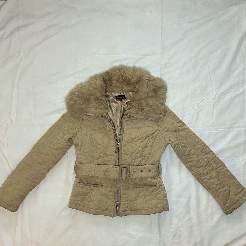 Bebe Women's Quilted Rabbit Fur Collar bleed Jacket- Beige/Tan